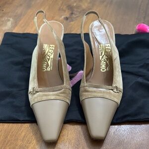 Salvatore Ferragamo Beige and Tan Slingback Heels